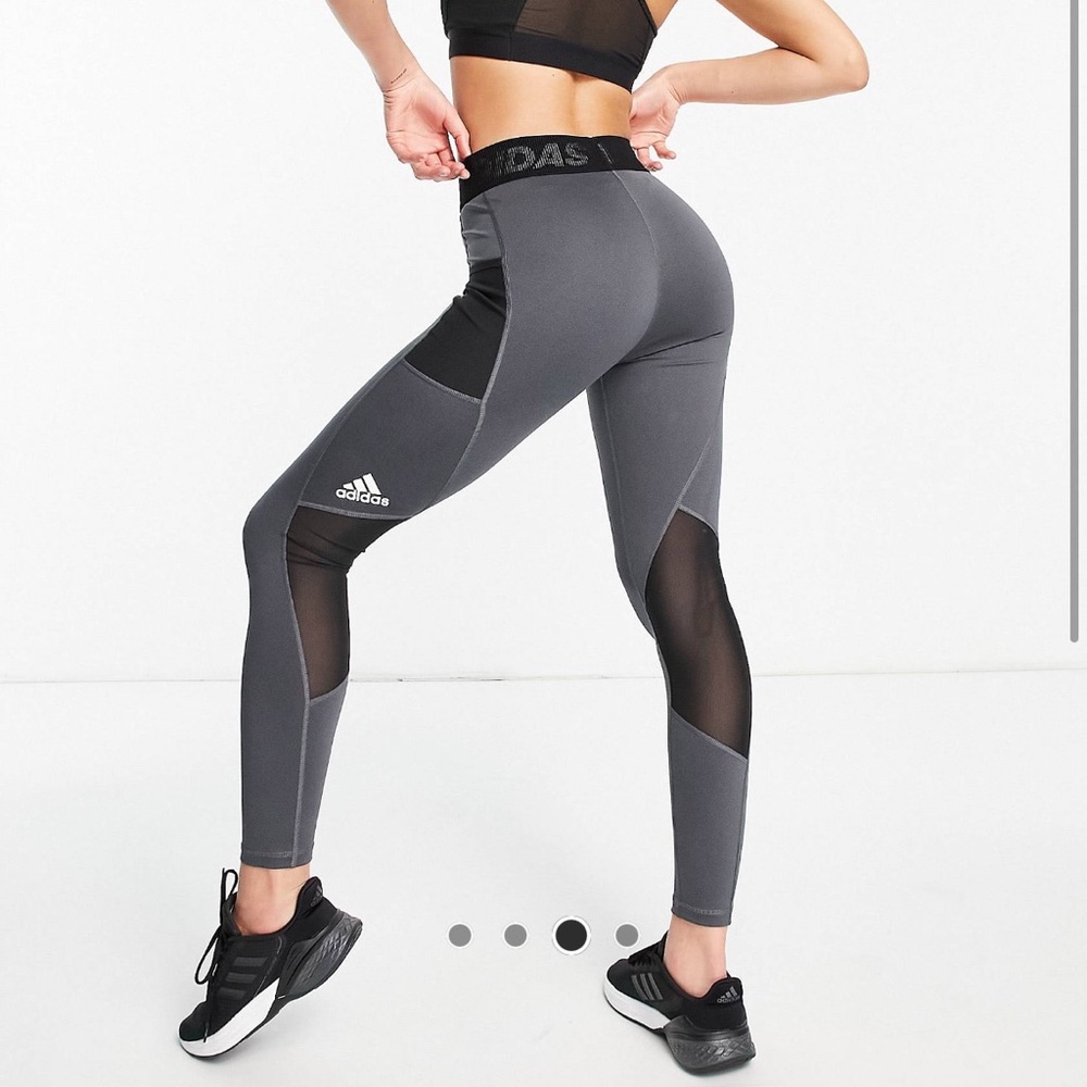 NWT: Adidas Size Medium: 3 Stripe logo waist leggings in gray with black mesh